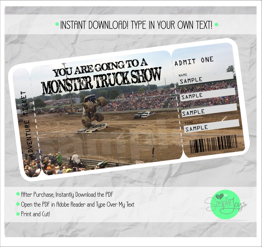 Printable Monster Truck Show Surprise Ticket Template, Digital PDF File