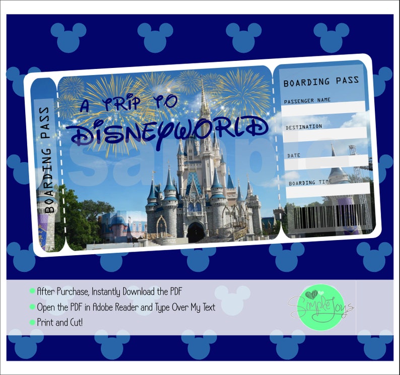 Printable Ticket to Disneyworld Boarding Pass, Customizable Template, Digital File You Fill and Print image 1