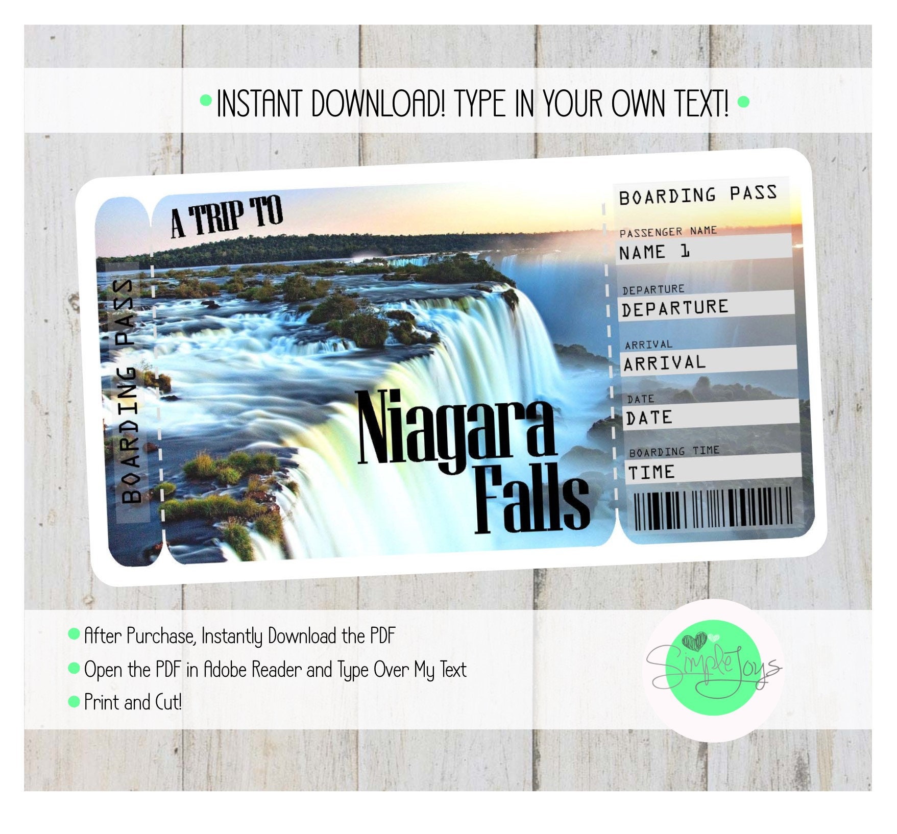 Printable Ticket to Niagara Falls Boarding Pass Customizable - Etsy