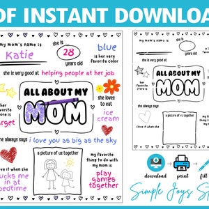 All About My Mom Mother&#39;s Day Coloring Page Fill in the Blank, Mothers Day Gift from Child, Mothers Day Card, All About Mom, Last Minute