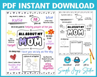 All About My Mom Mother&#39;s Day Coloring Page Fill in the Blank, Mothers Day Gift from Child, Mothers Day Card, All About Mom, Last Minute