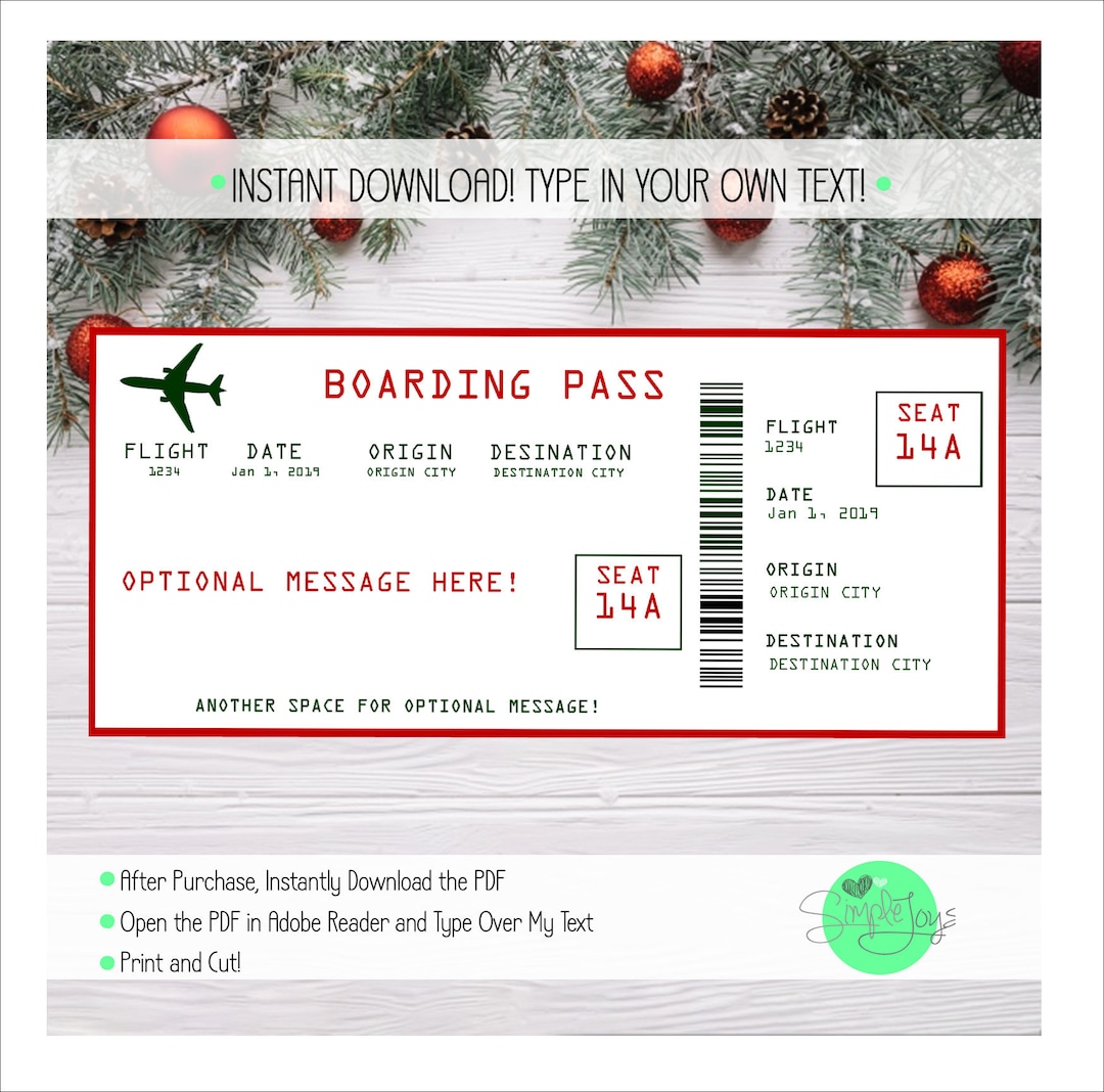 Printable Christmas Airline Ticket Boarding Pass Template, Vacation