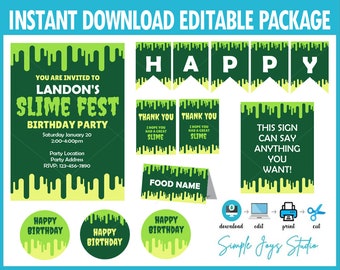 May include: Printable party decorations for a slime-themed birthday party. The set includes a banner, invitation, food labels, and circle labels that say "Happy Birthday". The decorations are green and yellow with a slime drip design.