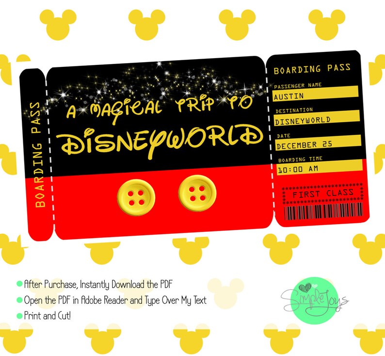 Printable Ticket to Disney Disneyworld/Disneyland Boarding | Etsy