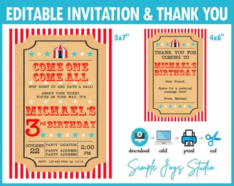 Fillable PDF Circus Carnival Birthday Invitation Ticket and Thank You Card Templates - Instant Download - Type and Print