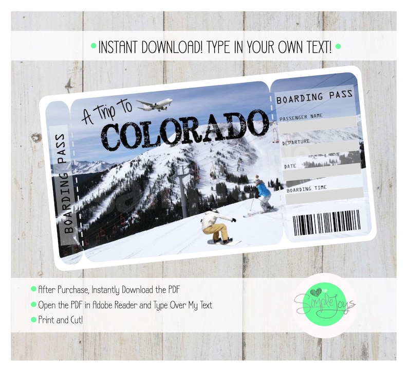 Printable Ticket to Colorado Boarding Pass snowboard, Ski, Customizable