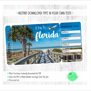 Biglietto stampabile per la carta d'imbarco in Florida, biglietto per il viaggio delle vacanze a sorpresa sulla spiaggia, file digitale: compila e stampa