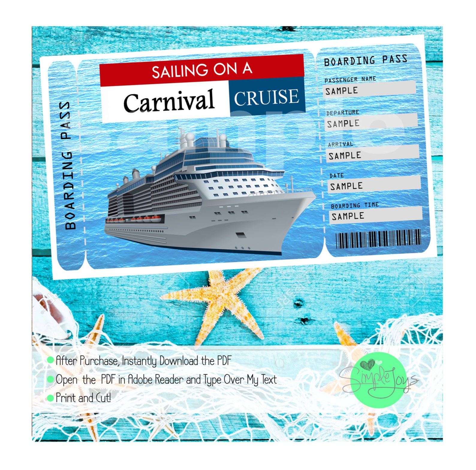 Carnival Cruise Printable Ticket Boarding Pass Customizable Etsy