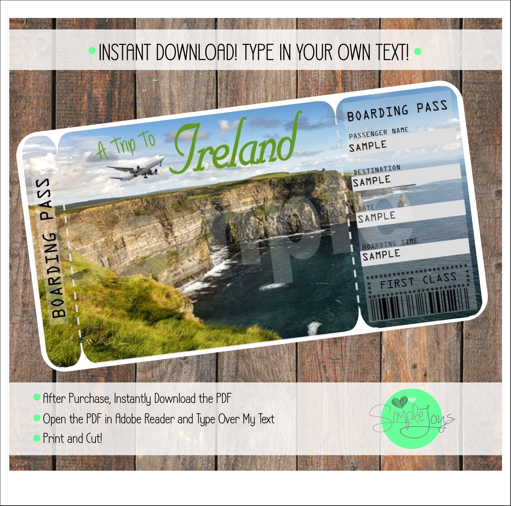 Printable Ticket to Ireland Boarding Pass Template Digital Etsy