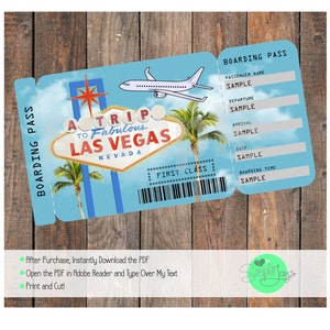 Boleto imprimible a la tarjeta de embarque de Las Vegas, boleto de viaje de vacaciones sorpresa, archivo digital: usted completa e imprime