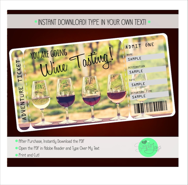 Printable Wine Tasting Trip Ticket Surprise Vacation Ticket Etsy