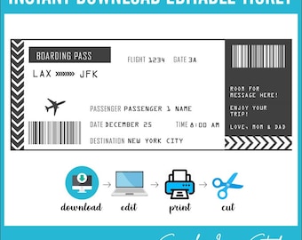 May include: Editable printable boarding pass ticket template with a black and white airplane icon, the text "LAX >>>>> JFK", "FLIGHT 1234", "GATE 3A", "PASSENGER PASSENGER 1 NAME", "DATE DECEMBER 25", "TIME 8:00 AM", "DESTINATION NEW YORK CITY", "ROOM FOR MESSAGE HERE!", "ENJOY YOUR TRIP!", "LOVE, MOM & DAD", and instructions to download, edit, print, and cut the ticket.