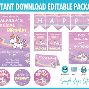 Unicorn Rainbow Birthday Instant Party Package Template (Invitation, Thank You Tags, Cupcake Toppers, Banner, Food Tent Cards, Signs)
