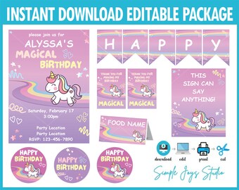 May include: Printable unicorn birthday party package with pink, purple, and rainbow colors. Includes a birthday invitation, banner, food labels, sign, and circle stickers. The text on the invitation says "Alyssa's Magical Birthday".