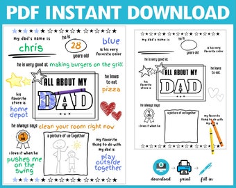 All About My Dad Father&#39;s Day Coloring Page Fill in the Blank, Fathers Day Gift from Child, Fathers Day Card, All About Dad, Last Minute