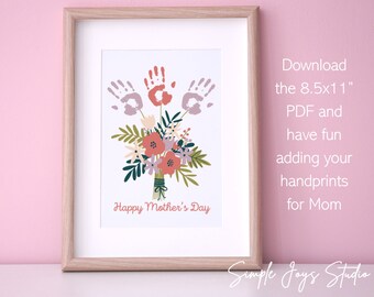 May include: Printable 8.5x11 inch PDF for Mother's Day featuring a bouquet of flowers with handprint leaves. The text "Happy Mother's Day" is at the bottom of the page.