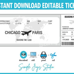 Modèle de révélation de voyage pour billet d'avion imprimable | Carte d'embarquement personnalisable surprise | Modèle de billet de voyage modifiable | Billet numérique