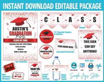 May include: Printable graduation party decorations in red and white with a confetti background. The set includes a banner, cupcake toppers, food labels, a sign, thank you tags, water bottle labels, and a 5x7 inch invitation. The text on the invitation reads "Austin's Graduation Party Class of 20XX".