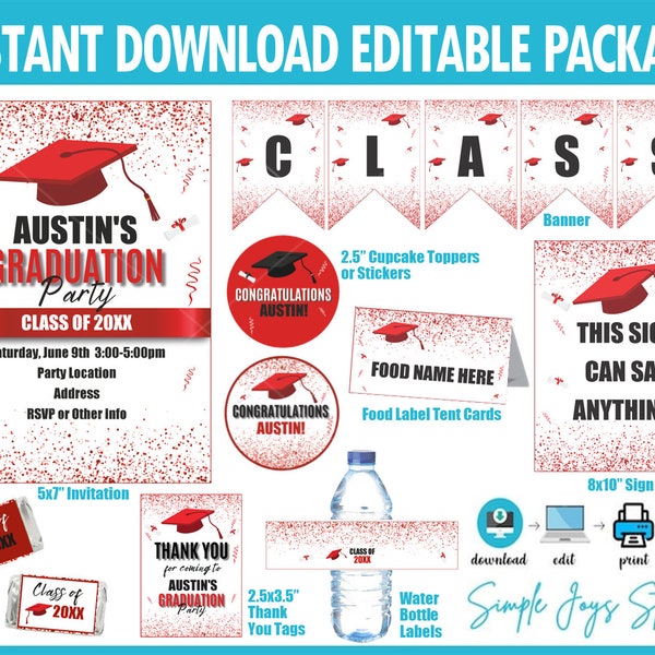 Red Themed Graduation Party Open House Instant Download Template (Invitation, Thank You, Cupcake Toppers, Banner, Food Tent Cards, Signs)