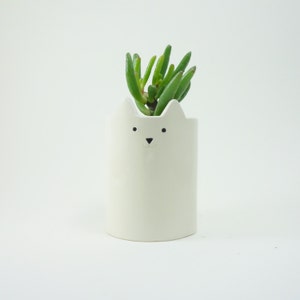 Cat Plant Pot, Ceramic White Cat, Pen Holder or Animal Planter