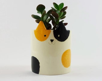 Handmade Calico Cat Ceramic Planter, Cute Cat Pot