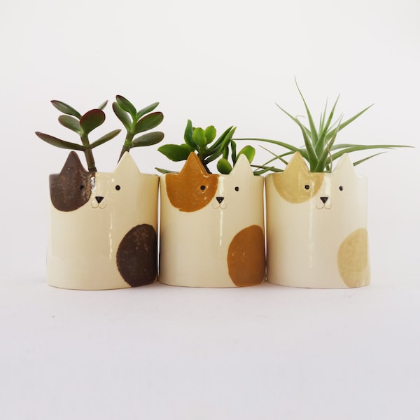 Handmade Cat Pottery Planter: Spotted Succulent Pot with Drainage