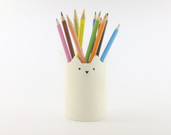 Cat Pencil Holder, Pen Pot, White Ceramics, Desk Organiser, White Cat Planter, Brush Holder