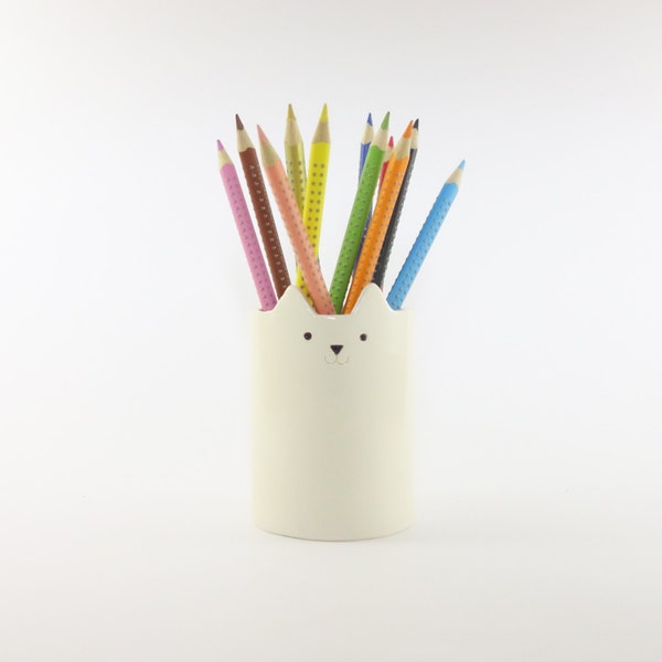 Handmade White Ceramic Cat Pencil Holder: Desk Organizer Planter