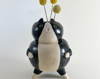 Tuxedo Cat Vase, Black and White Cat Planter, Cat Urn, Funny Vase