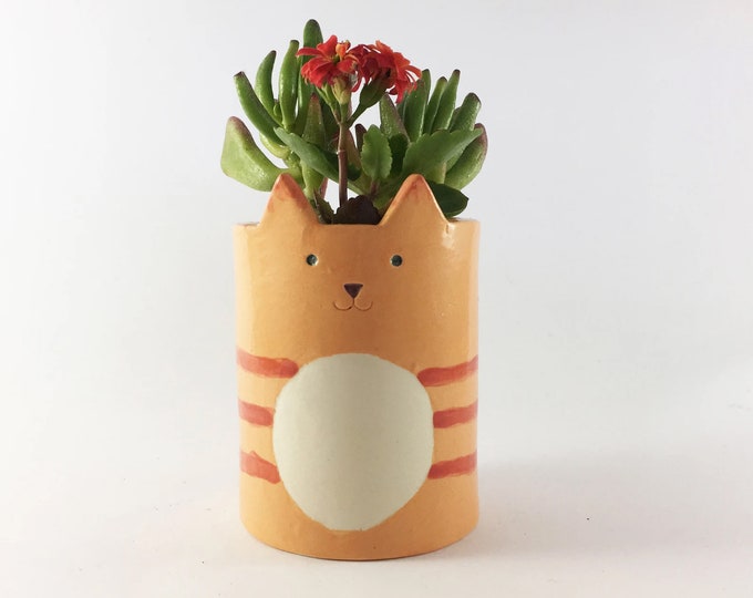 Handmade Ginger Tabby Cat Planter, Ceramic Cat Pot
