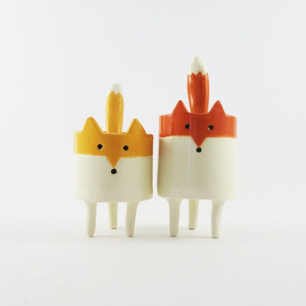 Two Little Fox Pots with Spoons , Salt and Pepper Pots with Spoon Tails