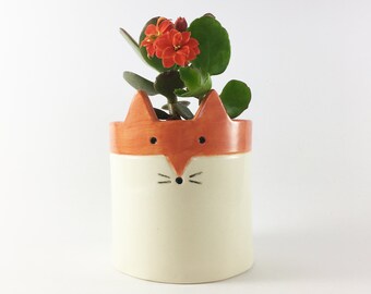 Ceramic Planter with Saucer, Fox Succulent or Cacti Pot, Spring Fox