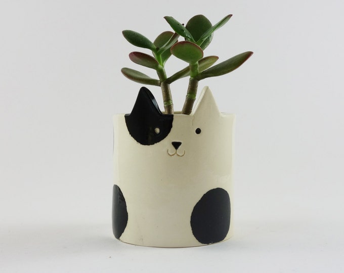 Cat Pot with Black Patches, Cat Pottery, cat planter, cat pottery, ceramic planter
