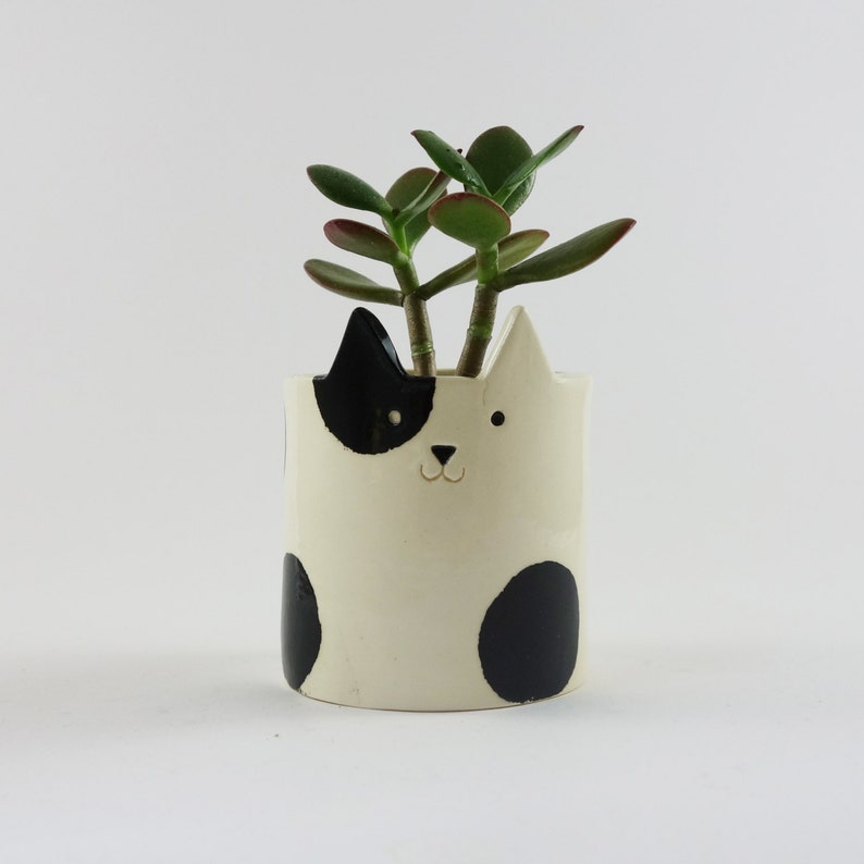 Cat Pot with Black Patches, Cat Pottery, cat planter, cat pottery, ceramic planter image 1
