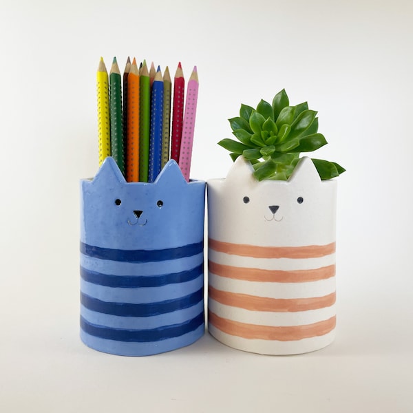 Choose Your Stripe Colour, Ceramic Planter, Cat Planter, Planter Pot