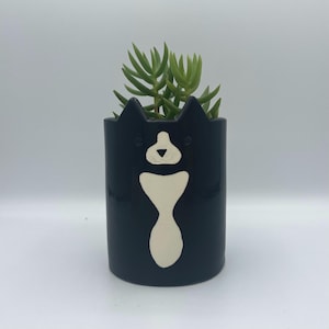 May include: A black ceramic plant pot with a white dog face design, containing a green succulent plant. The pot is cylindrical with pointed ears. The dog's face features a white nose and a white bib, creating a charming aesthetic.