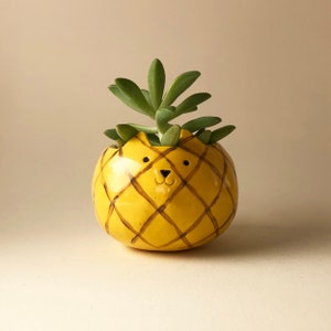 Può includere: Un vaso di ceramica giallo a forma di ananas con un simpatico viso da cartone animato. Il vaso ha un motivo a griglia marrone ed è riempito con una pianta grassa verde.