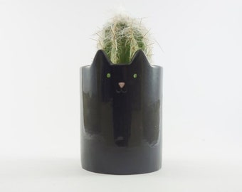 Black Kitty Planter, Ceramic Cat, Pen Holder or Plant Pot for Cactus, Black Cat Planter