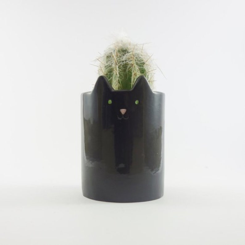 Black Kitty Planter, Ceramic Cat, Pen Holder or Plant Pot for Cactus, Black Cat Planter 7 Centimeters