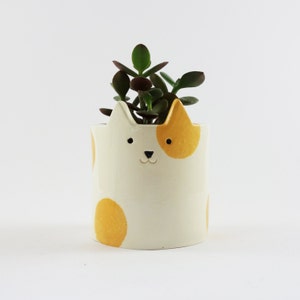 May include: A cream ceramic cat-shaped plant pot with orange spots and accents. The pot has a cat face design with a small nose and eyes. It contains a small green plant with dark red-tinged leaves.