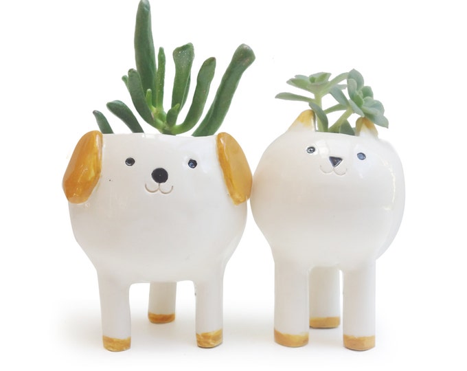 Cute Cat and Dog Planters, Pair of Desktop Plant Pots, White Ceramic Planters, Shitzu