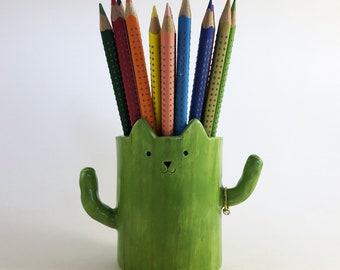 Cat Cactus Pen Pot,  Ring Holder and Planter, Desk Organiser, Ceramic Pencil Holder