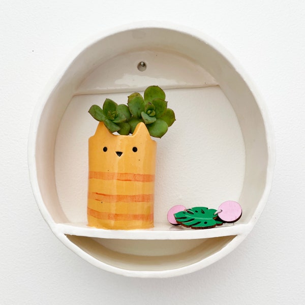 Ceramic Cat Shelf, Trinket Shelf with Mini Vase, Handmade Ceramic Shrine, Wall Cabinet, Curiosity Shelf, Wall Planter