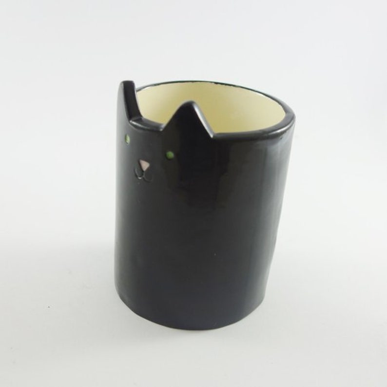 Black Kitty Planter, Ceramic Cat, Pen Holder or Plant Pot for Cactus, Black Cat Planter image 4