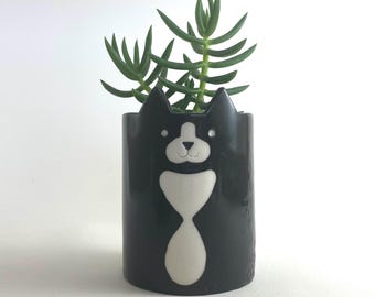Handmade Black Tuxedo Cat Planter, Pen Holder, Succulent Pot