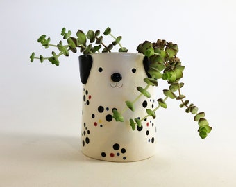 Dalmatian Planter with Rainbow Spots, Dog Plant Pot, Dalmatian Gifts, Spotty Dog, Pen Holder