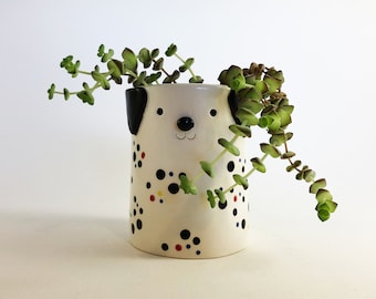 Handmade Dalmatian Planter: Spotty Dog Pen Holder, Dog Lover Gift