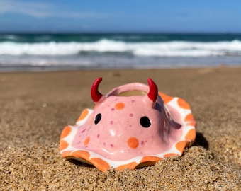 Sea Creature Planter, Pink Nudibranch Planter, Cute Sea Slug Plant Pot or Ring Holder, Unique, Pottery, Marine Decor