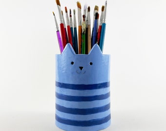 Paint Brush Holder, Blue Ceramic Cat Pot, Gift for Artist, Unique Painters Gift