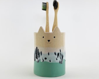 Toothbrush Holder, Ceramic Cat Planter, Pen Holder or Plant Pot, Mothers Day Gift